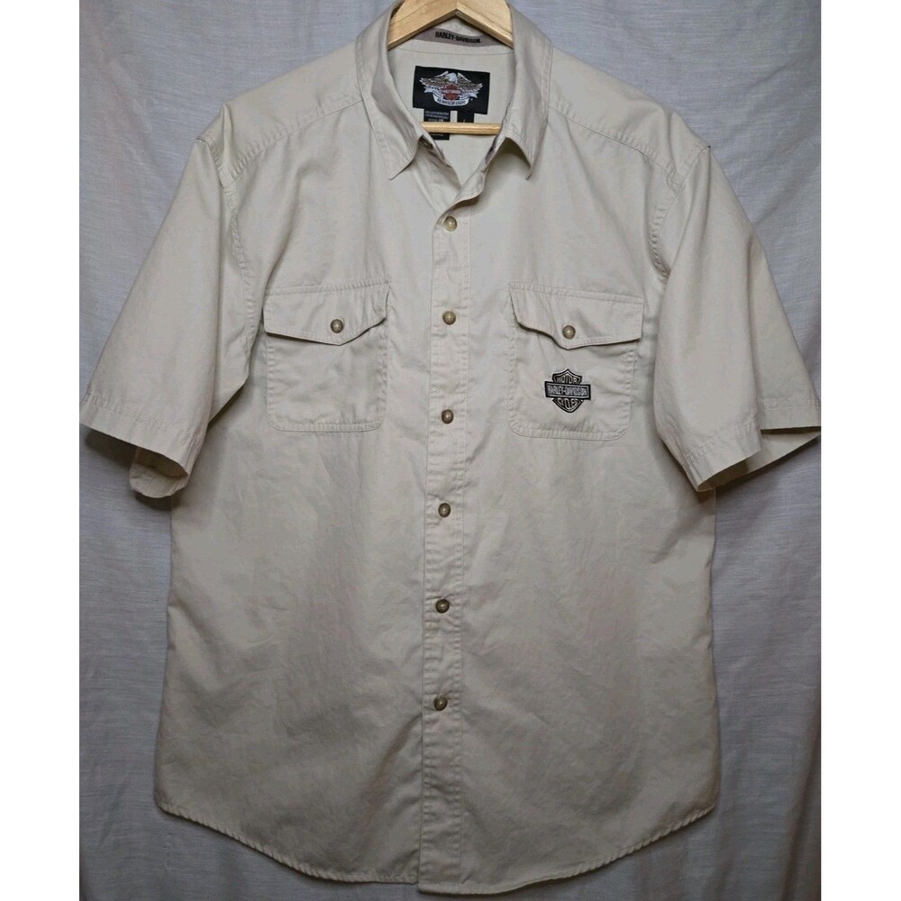Genuine Harley Davidson Men’s Cream Button Down Short Sleeve Shirt Size Large